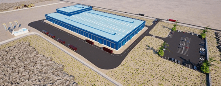 3D architectural rendering showing an aerial view of the planned Falcon Energy Materials CSPG production facility.