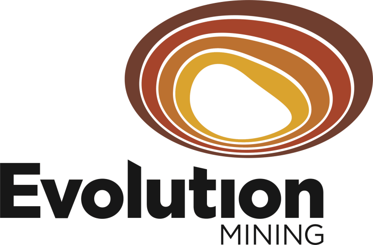 Evolution Mining logo with multicolored circular swirl