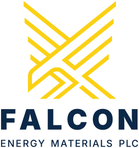 Falcon Energy Materials corporate logo featuring a gold geometric falcon emblem above bold black text for the graphite and energy storage provider.
