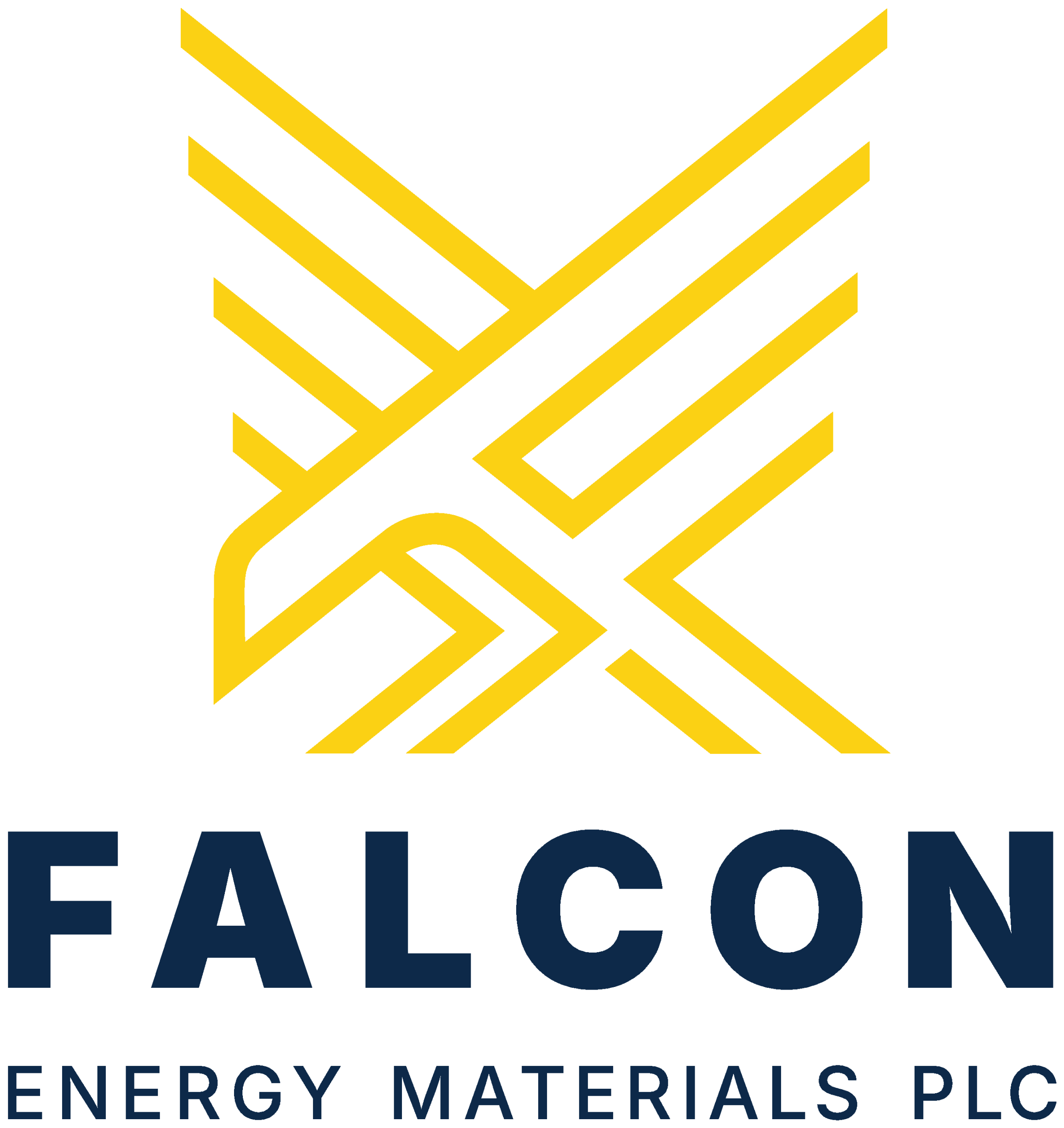 Falcon Energy Materials corporate logo featuring a gold geometric falcon emblem above bold black text for the graphite and energy storage provider.