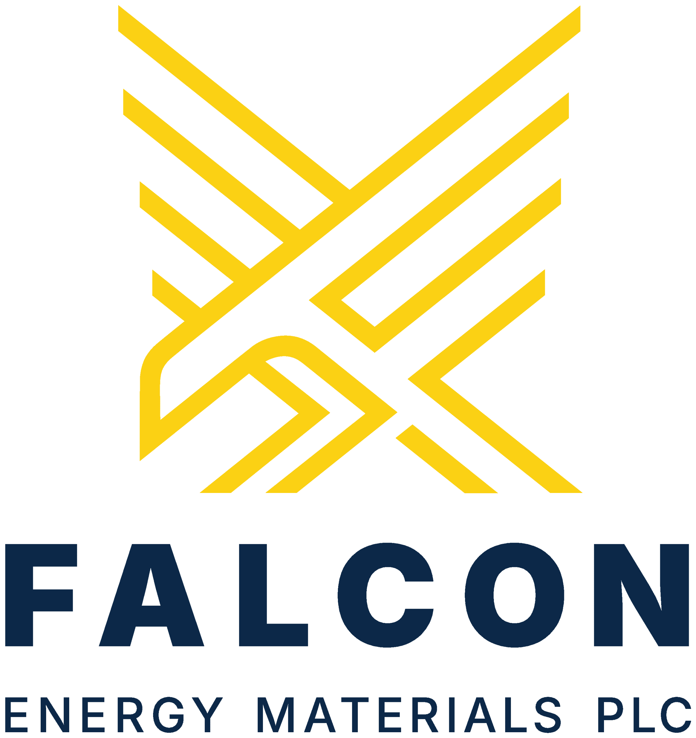 Falcon Energy Materials corporate logo featuring a gold geometric falcon emblem above bold black text for the graphite and energy storage provider.