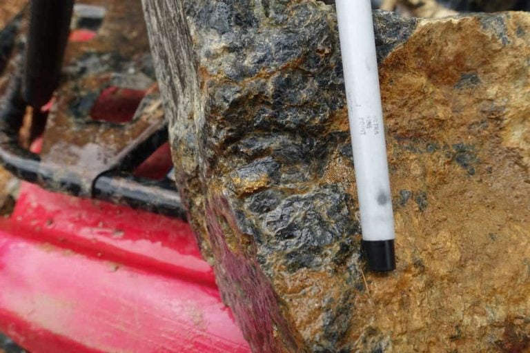 Close-up view of a mineralized rock sample collected during Greenheart Gold geological field sampling.