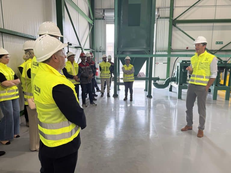 An executive giving a presentation to a group of visitors and personnel wearing hard hats inside a Falcon Energy Materials graphite refining facility.