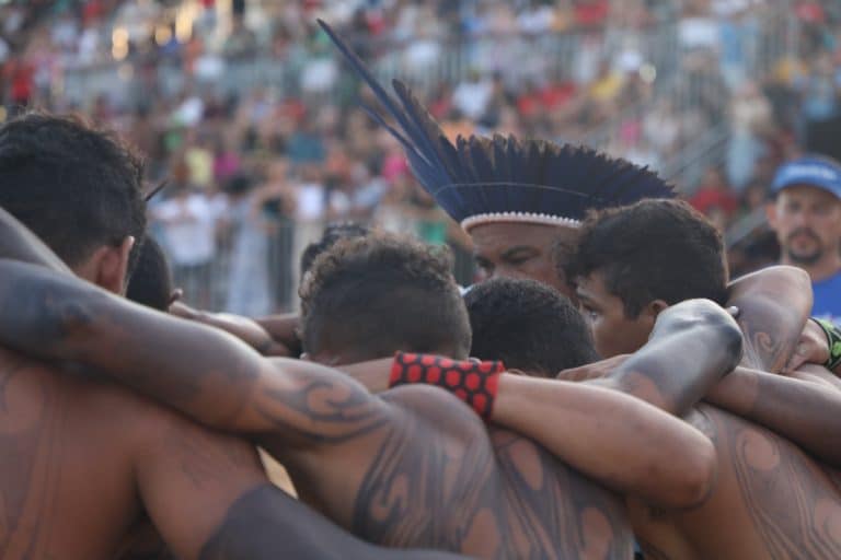 Close-up of Indigenous community members participating in a cultural gathering supported by Belo Sun Mining.