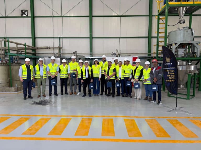 Group portrait of Falcon Energy Materials team members and strategic partners wearing hard hats and safety vests inside a chemical refining facility.