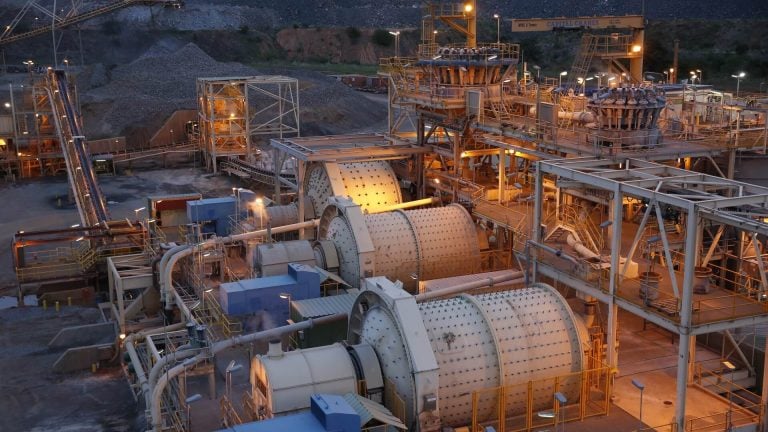 Night view of grinding mills and equipment at the Sabodala-Massawa CIL processing plant operated by Endeavour Mining in Senegal.